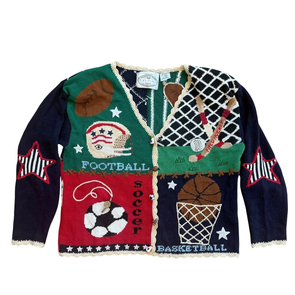 Vintage 1996 Eagle's Eye Sports Cardigan Sweater Ramie Cotton Novelty Large